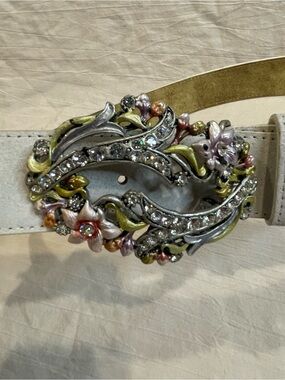 White Vegan Leather Belt Floral Rhinestone Statement Buckle Boho Cottagecore